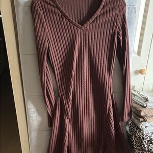 Brown A-Line V-Neck Long Sleeve Dress